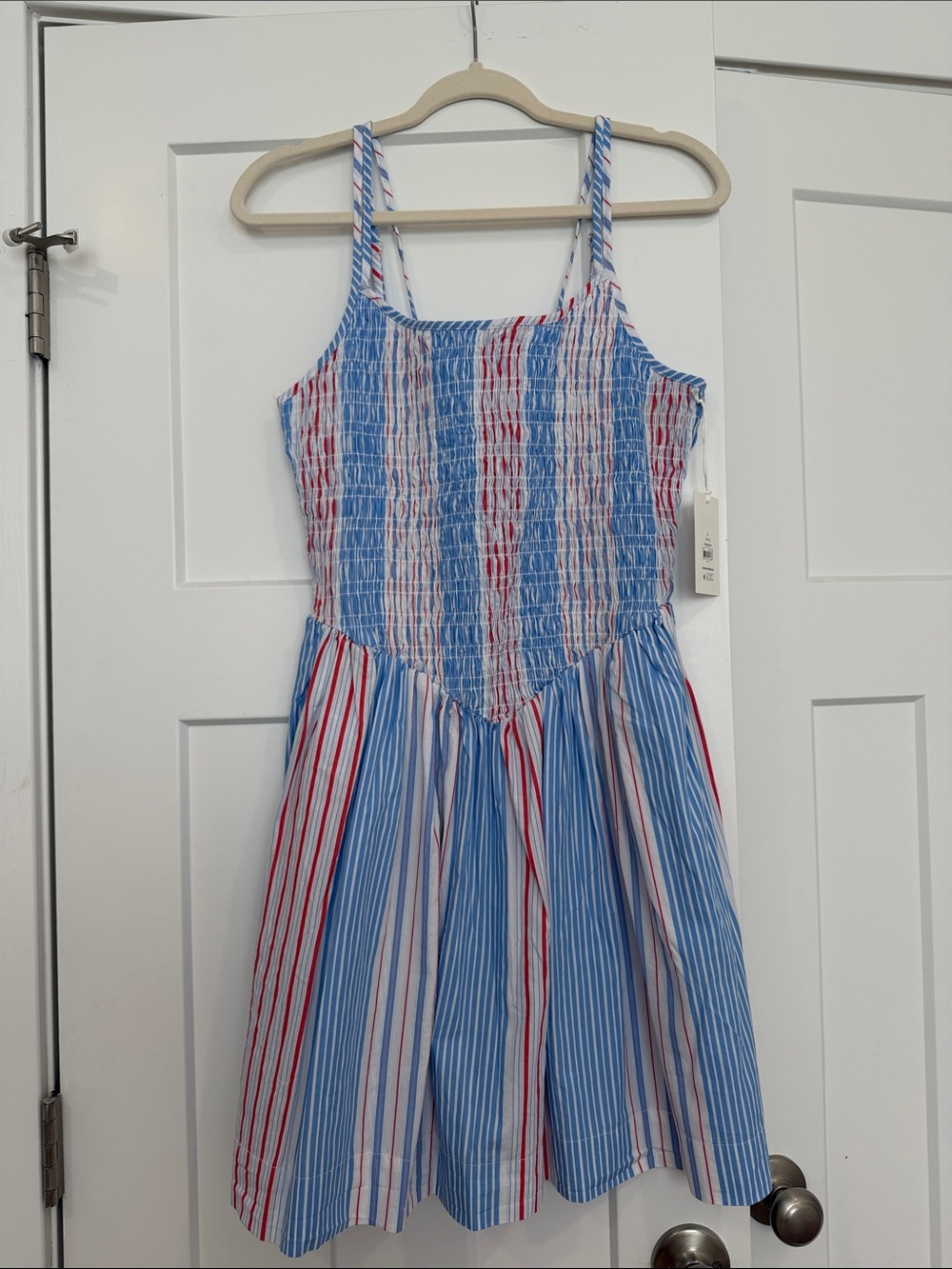 Striped Smocked Midi Dress in Blue, White & Red